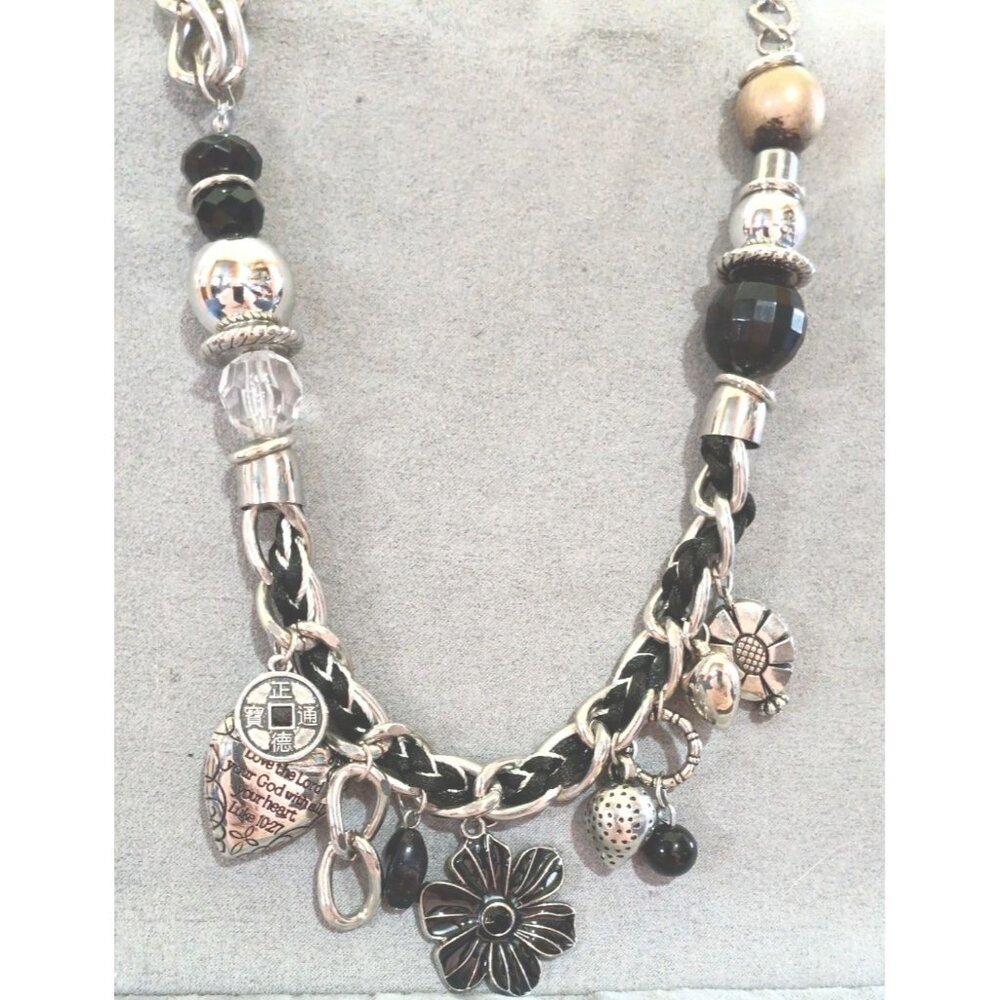 Chunky Silver-Tone & Black Charm Necklace With Braided Leather Chain & Assorted